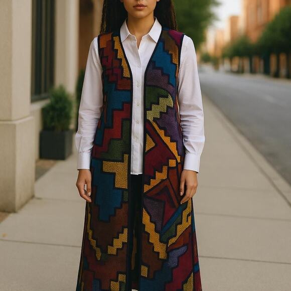 Peruvian Connection Sz M Alpaca Southwestern Aztec Duster Long Cardigan Sweater - Picture 1 of 10